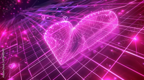 Geometry wireframe shapes and grids in neon pink color. 3D hearts, abstract backgrounds, patterns, cyberpunk elements in trendy psychedelic rave style. 00s Y2k retro futuristic aesthetic