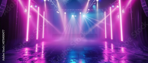 Neon lights illuminate a dark stage with beams of light reflecting on the wet floor. © Pornarun