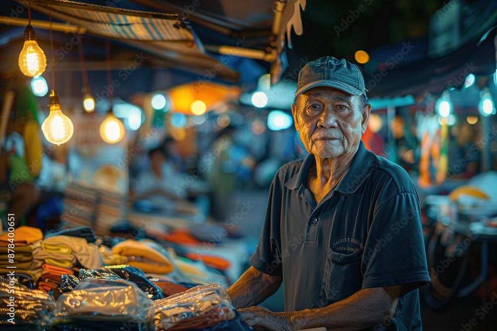 A man stands in front of a market stall with a blue shirt on A man stands in front of a market stall with a blue shirt on