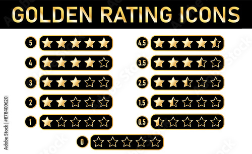 Gold tating icon.  Product rating or customer review with gold stars and half star flat vector icons for apps and websites. Vector graphics