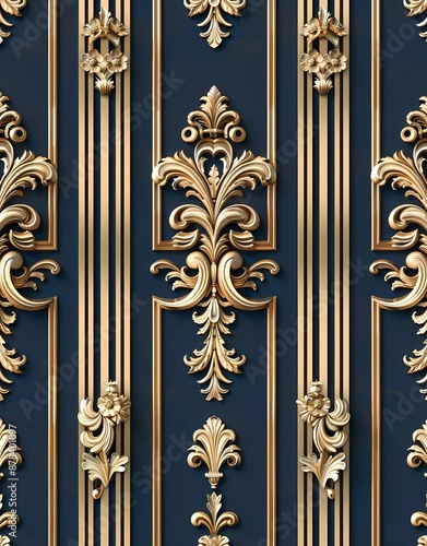 3d seamless pattern, vertical stripes with golden baroque ornament on blue background, elegant luxurious wallpaper design for wall