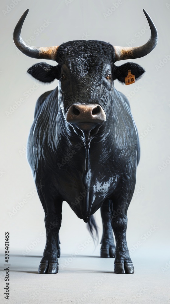 Naklejka premium Powerful black bull with imposing horns and a distinctive nose ring stands proudly against a white backdrop, exuding strength and masculinity