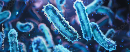 Close up view of blue rod shaped bacteria in a microscopic image