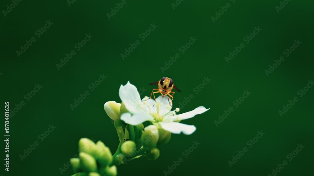 Yellow hoverfly video: Venus flytrap's white flower close-up. It feeds on nectar and gets covered in pollen. Isolated with room for text. Yellow hoverfly video: Venus flytrap's white flower close-up. It feeds on nectar and gets covered in pollen. Isolated with room for text.