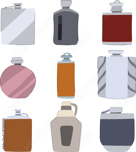 flask alcohol set cartoon. whiskey glass, drink beverage, metal vodka flask alcohol sign. isolated symbol vector illustration