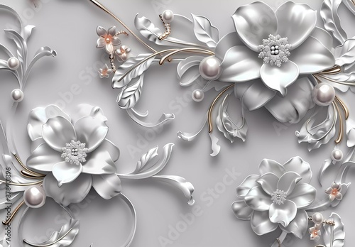 Fototapeta Naklejka Na Ścianę i Meble -  3d wallpaper background with jewelry, pearls and diamonds, floral swirls on light grey backdrop, elegant and luxurious wall art design for decoration of interior space