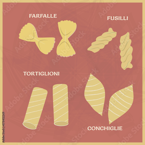 Different types of pasta. Traditional italian food. Pictures in cartoon style. Vector set of italian pasta food illustration