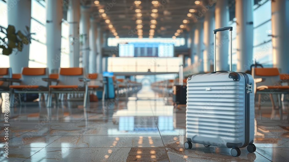 This image captures a silver suitcase placed in a modern and spacious empty airport terminal, emphasizing the sleek design of the luggage and the expansive architectural space. This image captures a silver suitcase placed in a modern and spacious empty airport terminal, emphasizing the sleek design of the luggage and the expansive architectural space.