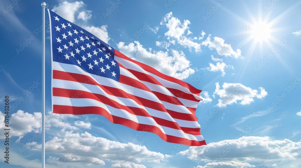 The American flag with its red, white, and blue colors, waving gracefully in the breeze against a backdrop of a clear blue sky and fluffy white clouds, symbolizing patriotism. The American flag with its red, white, and blue colors, waving gracefully in the breeze against a backdrop of a clear blue sky and fluffy white clouds, symbolizing patriotism.