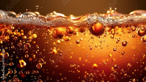 This image showcases a close-up view of effervescent bubbles in an amber-colored liquid, possibly soda or beer, with a foamy top layer and bright light reflections.
