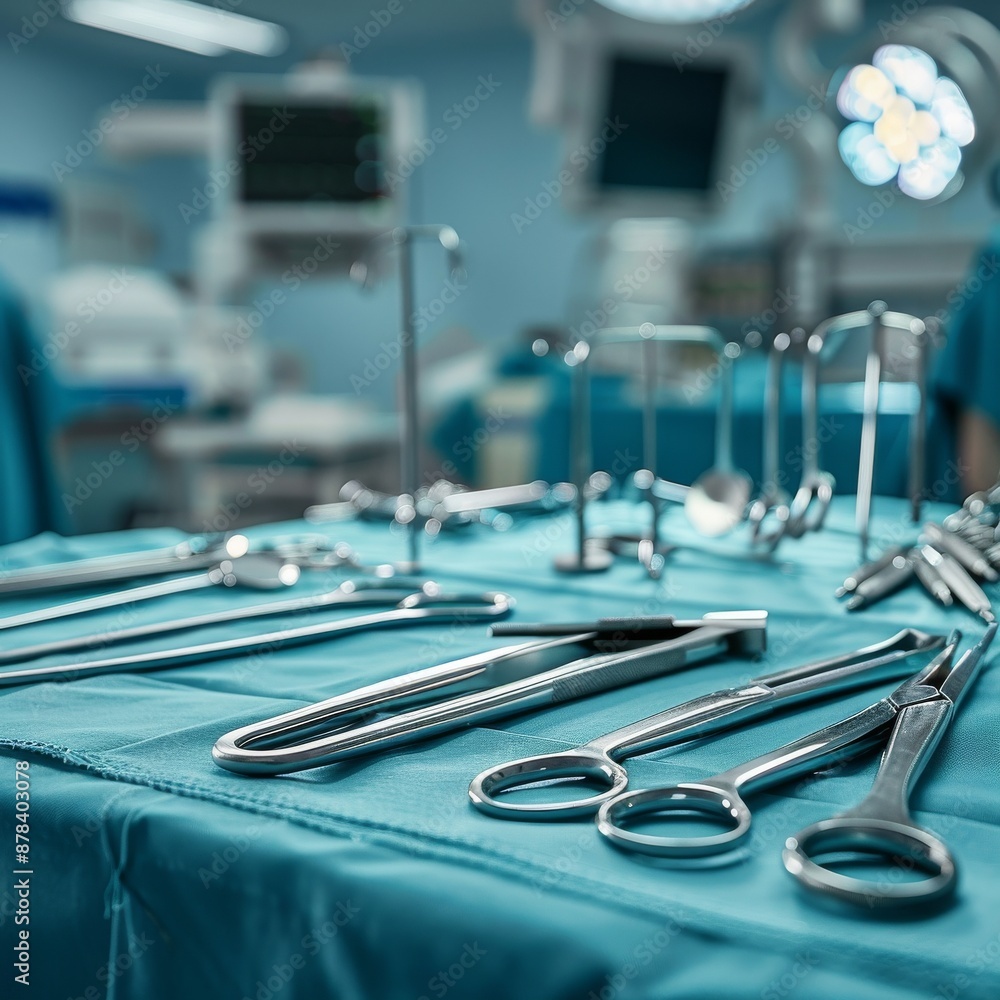 Surgical instruments arranged on a sterile blue drape in an operating room. The tools gleam under the bright lights. Surgical instruments arranged on a sterile blue drape in an operating room. The tools gleam under the bright lights.