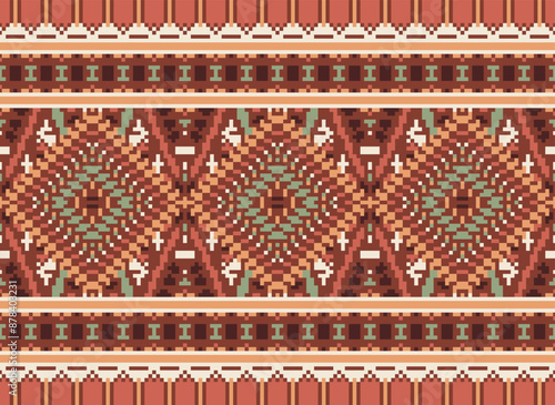 Pixel ethnic pattern oriental traditional. design fabric pattern textile African Indonesian Indian seamless Aztec style abstract vector illustration for print clothing, texture, fabric, wallpaper, 