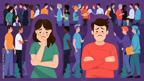 Lonely people set. Sad or upset man and woman feel lonely in crowd. Characters with psychological problems suffer from lack of friends and communication. Cartoon flat vector 