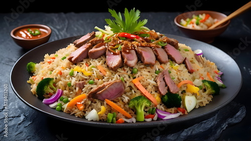 Delicious and colorful Fried Rice with meat, vegetables, and egg, served with dipping sauce. Asian cuisine, food photography.