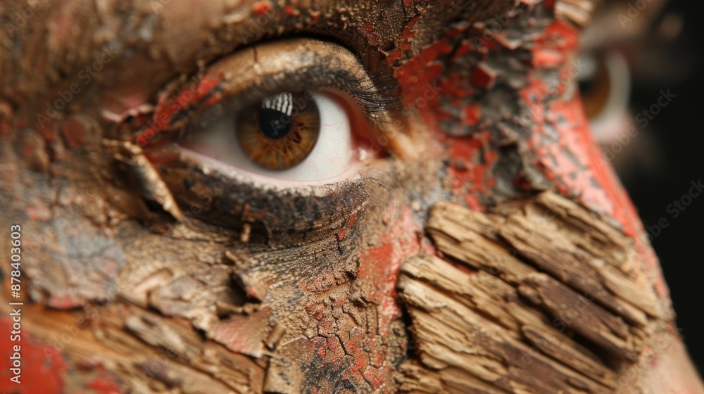 Obraz premium Closeup of a woman's eye covered in wood texture makeup.