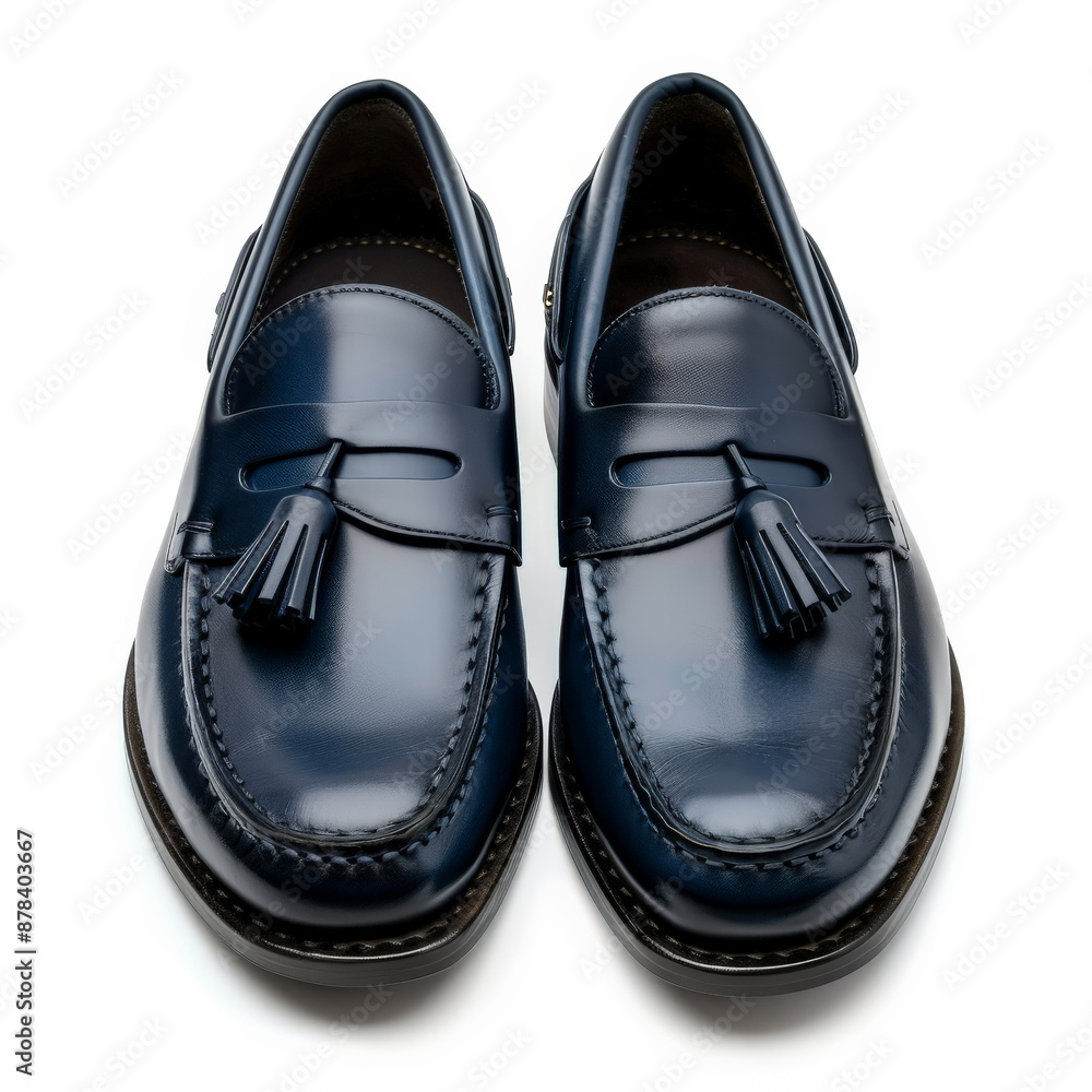Stylish navy blue leather loafers with tassel detail, isolated on white background.