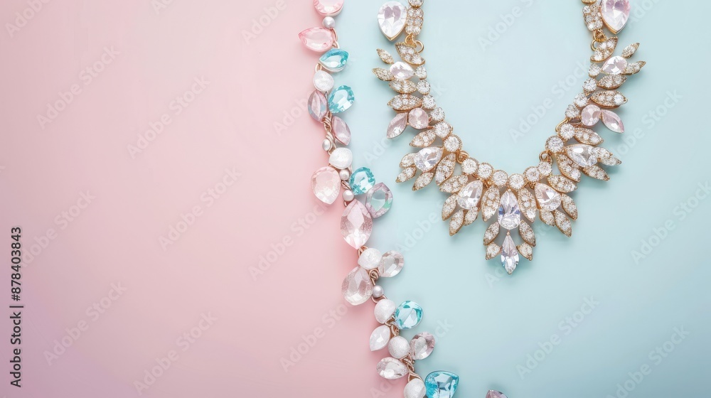 Two elegant crystal necklaces on a pink and blue background. Two elegant crystal necklaces on a pink and blue background.