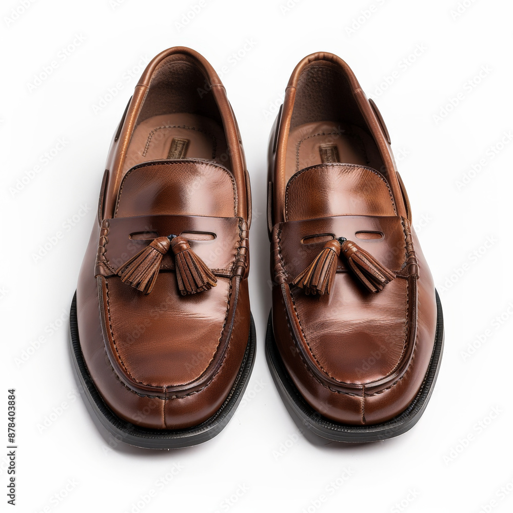 Stylish brown leather loafers with a tassel detail, isolated on white background. Stylish brown leather loafers with a tassel detail, isolated on white background.