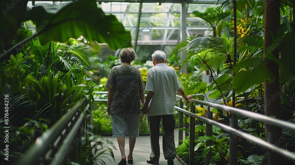 Elderly Couple Strolling in Tranquil Indoor Garden with Handrails for Senior Activity Elderly Couple Strolling in Tranquil Indoor Garden with Handrails for Senior Activity