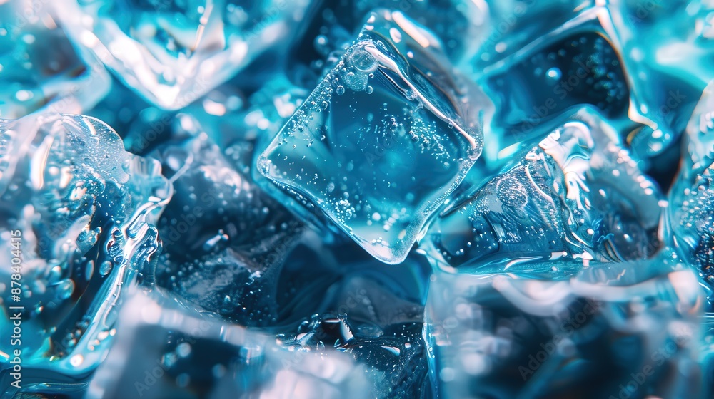 A close up of ice cubes, each with their own unique shape and texture, reflecting the beauty in every piece. The blue color palette adds depth to the scene, creating an atmosphere that feels fresh 