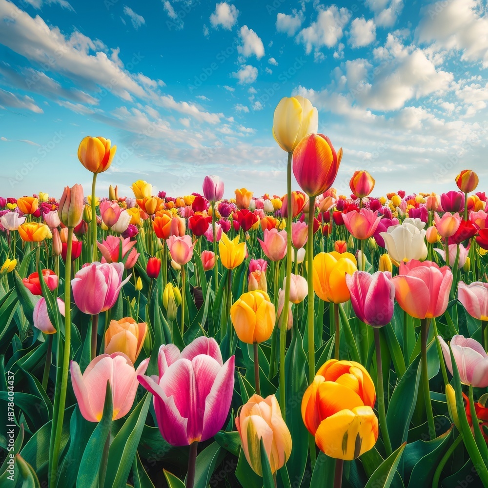 Vibrant tulips bloom in a field under a bright blue sky with fluffy clouds. Vibrant tulips bloom in a field under a bright blue sky with fluffy clouds.
