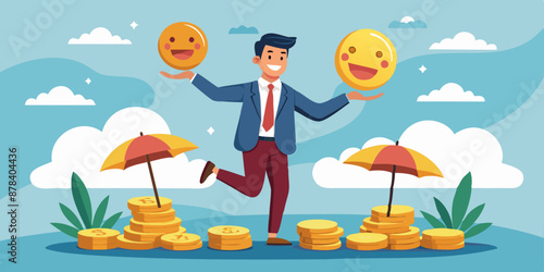 Businessman Balancing on Smile Face and Dollar Coin Stack with Umbrella, Choosing Between Wealth and Happiness