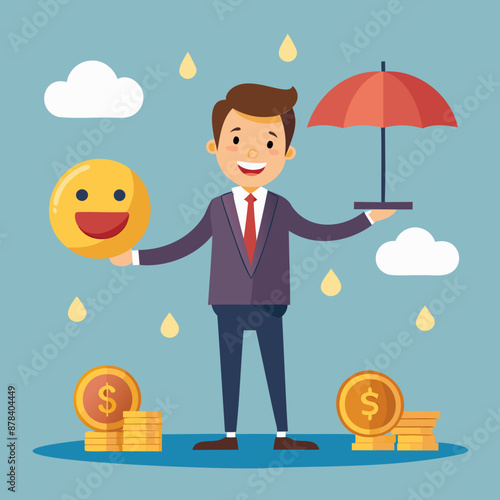 Businessman Balancing on Smile Face and Dollar Coin Stack with Umbrella, Choosing Between Wealth and Happiness