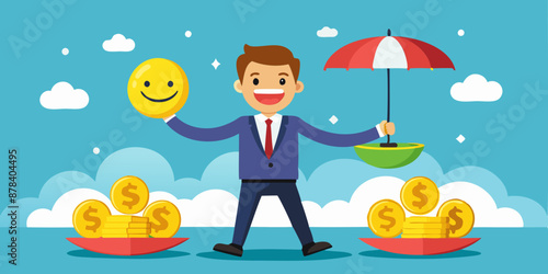 Businessman Balancing on Smile Face and Dollar Coin Stack with Umbrella, Choosing Between Wealth and Happiness
