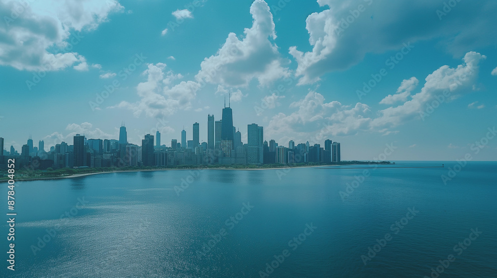 City skyline with tall buildings and waterfront under blue sky City skyline with tall buildings and waterfront under blue sky