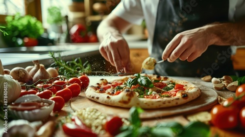 A photographic style of a chef, adding toppings to a pizza, close-up view