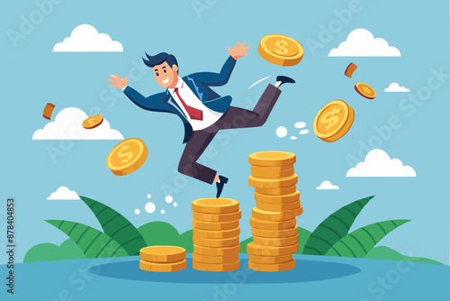 Businessman investor falling from unstable stack of money coins, financial instability and economic recession concept