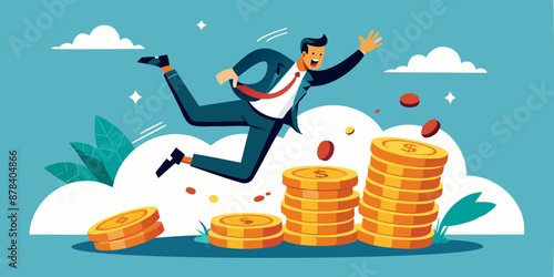 Businessman investor falling from unstable stack of money coins, financial instability and economic recession concept