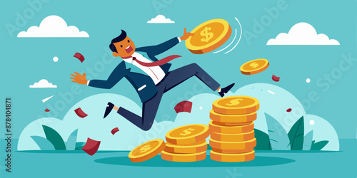 Businessman investor falling from unstable stack of money coins, financial instability and economic recession concept