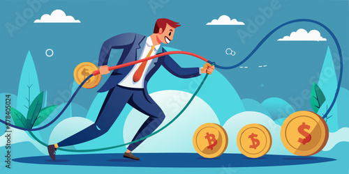 Businessman Manipulating Stock Market with Battle Ropes to Control Cryptocurrency Prices for Investment Profit