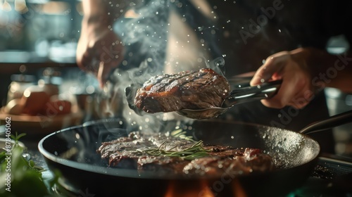 A photographic style of a chef, expertly cooking steak, close-up view photo