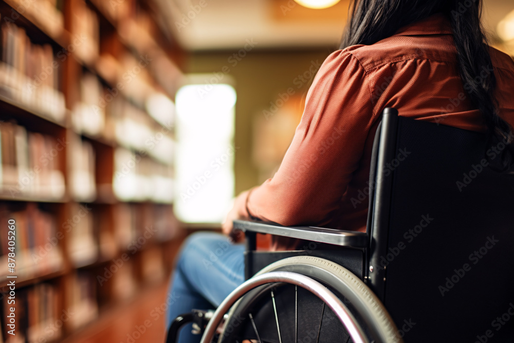 Obraz premium Back view of woman in wheelchair with blurry college or university library in background