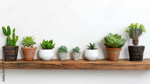 Wallpaper Mural This image showcases a diverse collection of potted succulents placed on a wooden shelf against a plain white background. It highlights the textures and various types of plants. Torontodigital.ca
