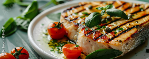Perfectly grilled swordfish steaks with grill marks, with a caper and lemon butter sauce, accompanied by cherry tomatoes and fresh basil.