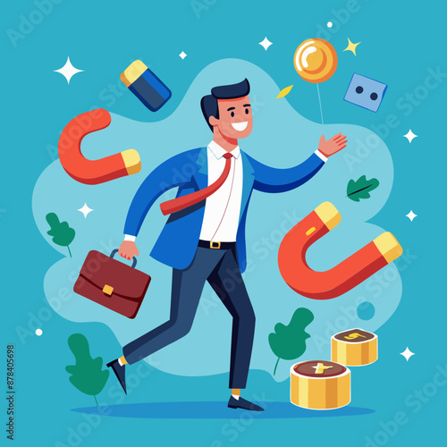 Businessman with High-Power Magnet Attracting Business Opportunities, Money, and Customers