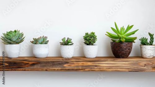 Wallpaper Mural Six different small potted succulent plants are neatly arranged on a wooden shelf, showcasing their unique shapes and sizes against a plain white background. Torontodigital.ca