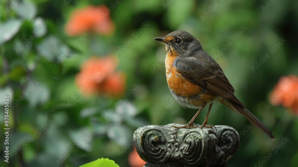 Serene Bird Resting on Garden Statue in Peaceful Setting Serene Bird Resting on Garden Statue in Peaceful Setting