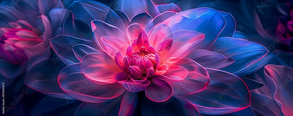 striking neon flower in deep indigo and bright pink the petals layered and textured casting soft ambient light that creates mystical atmosphere. striking neon flower in deep indigo and bright pink the petals layered and textured casting soft ambient light that creates mystical atmosphere.