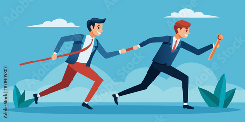Businessmen Colleagues Passing Baton in Relay Race for Partnership and Teamwork Success