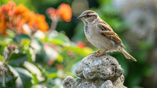 A bird perched on a garden statue © Palathon
