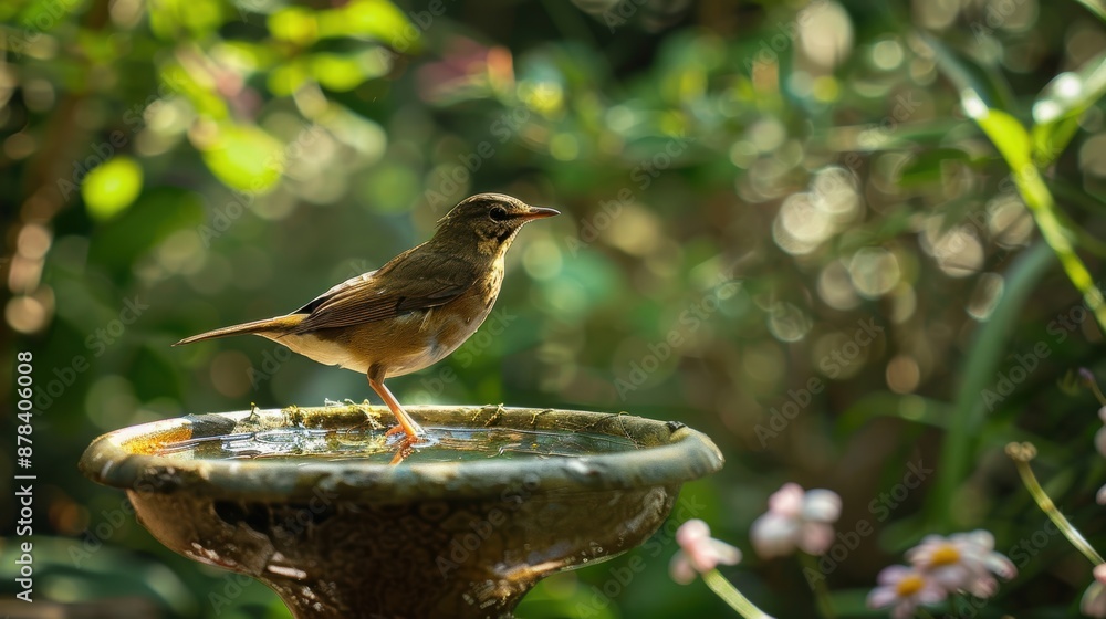 Naklejka premium Tranquil Moment - Graceful Bird Perched on Birdbath Edge