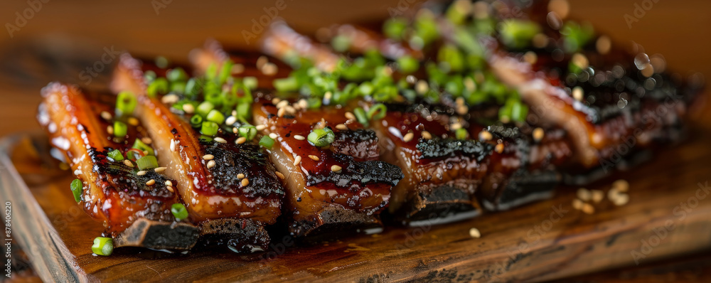 Grilled pork belly slices with crispy edges, flying with a honey-soy glaze, garnished with green onions and sesame seeds. Grilled pork belly slices with crispy edges, flying with a honey-soy glaze, garnished with green onions and sesame seeds.