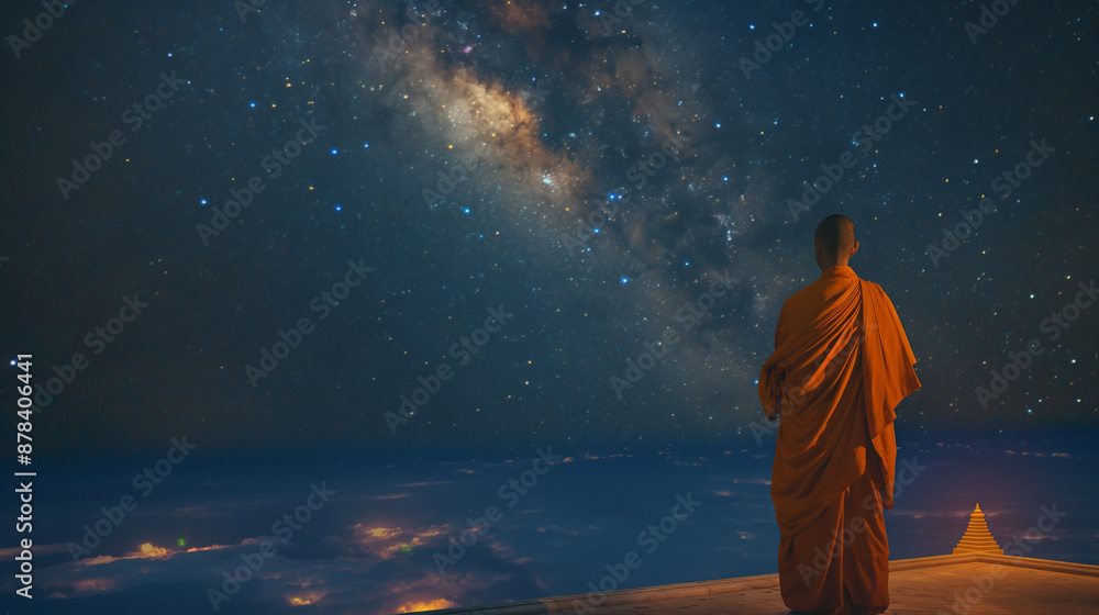 Monk gazing at the Milky Way in a star-filled night sky Monk gazing at the Milky Way in a star-filled night sky