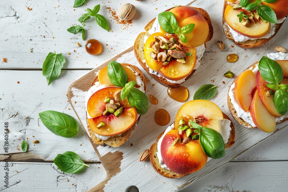 White wooden table with ricotta bruschettas and pears and apricots, flat lay view White wooden table with ricotta bruschettas and pears and apricots, flat lay view