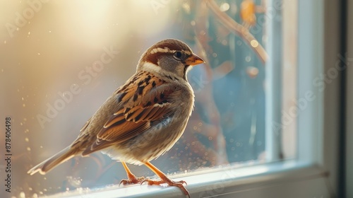 A bird perched on a window sill