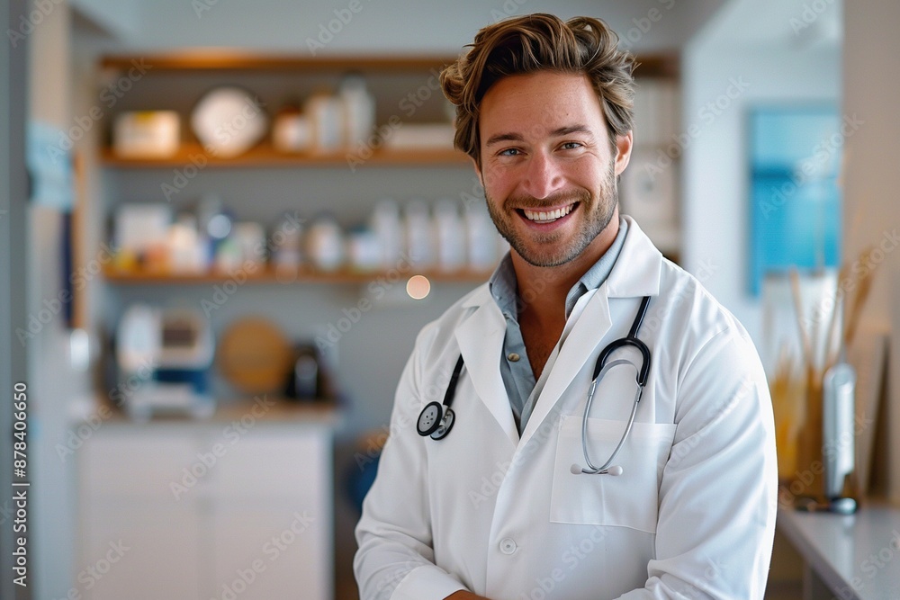 A smiling man in a white lab coat is posing for a picture in a medical setting A smiling man in a white lab coat is posing for a picture in a medical setting